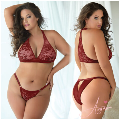Allure Lace & Mesh Bralette and Panty 2pc Set-Burgundy 1X/2X-Boxed