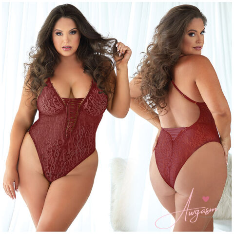 Allure Leopard Lace Up Teddy-Burgundy 1X/2X-Boxed