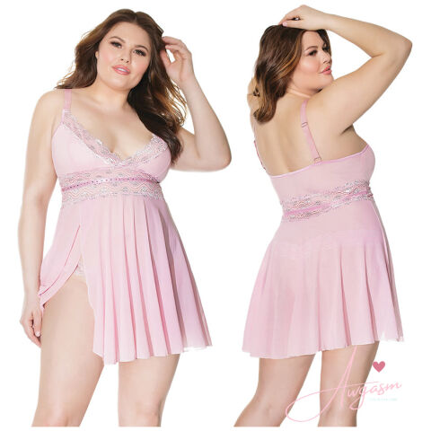 Coquette Babydoll & Thong-Pink 3X/4X-Hanging