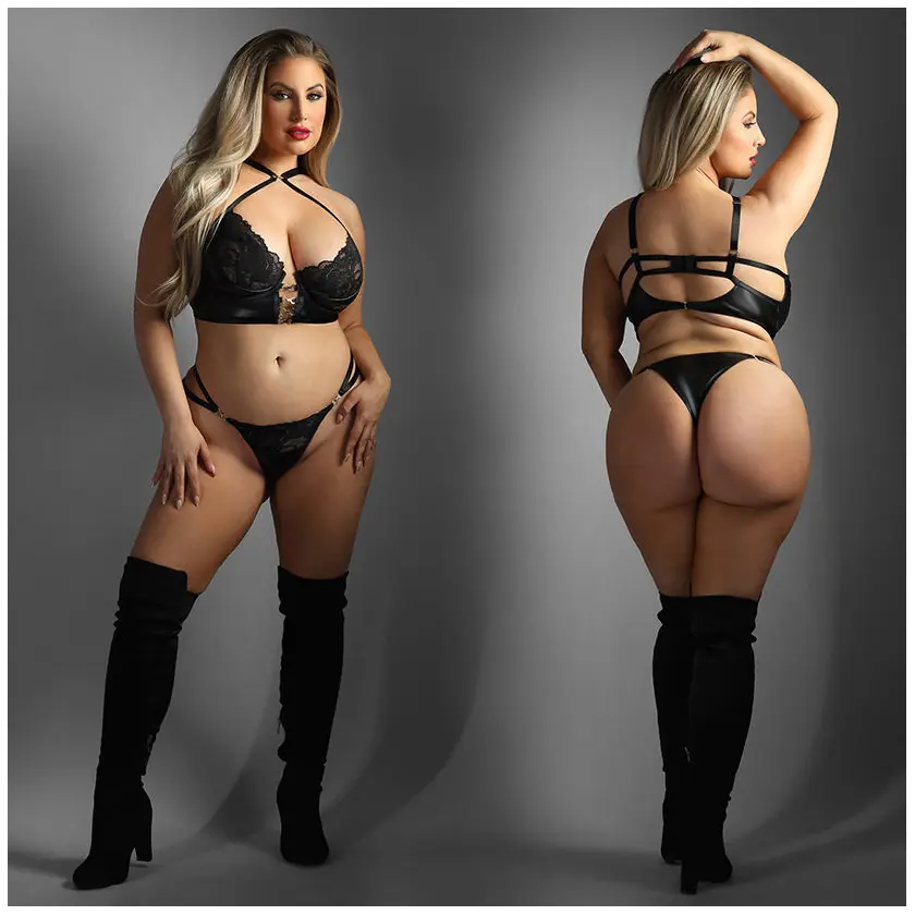 Fantasy Lingerie Edge Lace and Wetlook Longline Underwire Bra Set-Black QUEEN