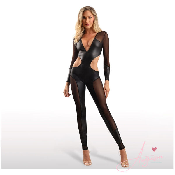 Fantasy Lingerie Edge Long Sleeve Mesh and Wetlook Cutout Catsuit-Black L/XL - Image 2