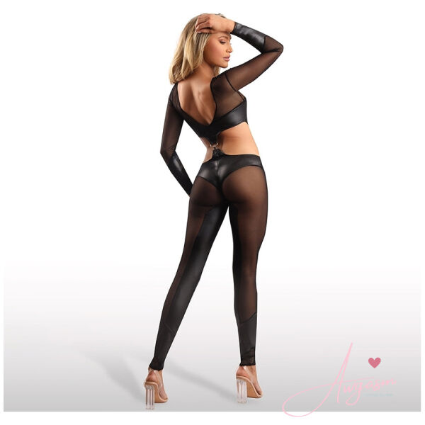 Fantasy Lingerie Edge Long Sleeve Mesh and Wetlook Cutout Catsuit-Black L/XL - Image 3