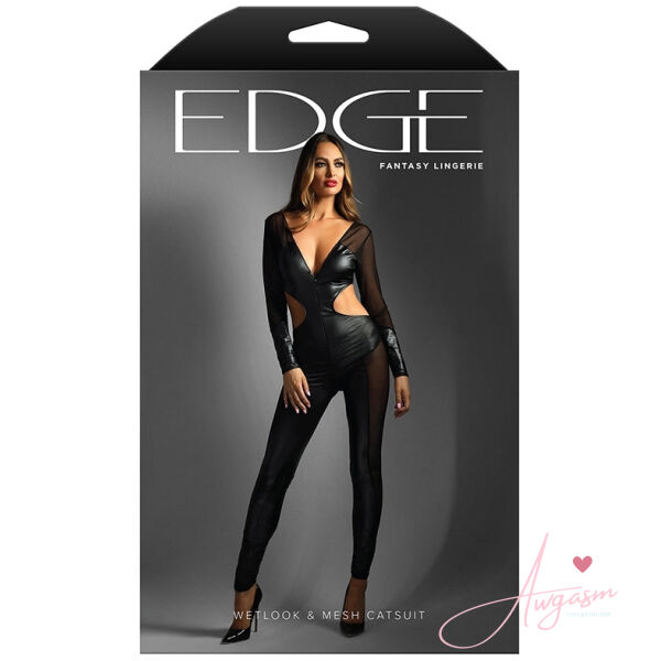 Fantasy Lingerie Edge Long Sleeve Mesh and Wetlook Cutout Catsuit-Black M/L - Image 4