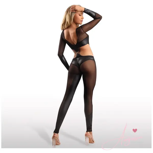 Fantasy Lingerie Edge Long Sleeve Mesh and Wetlook Cutout Catsuit-Black S/M - Image 3