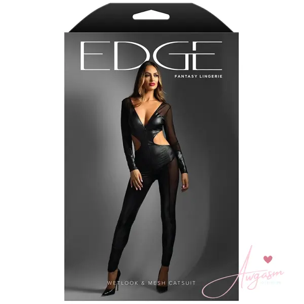 Fantasy Lingerie Edge Long Sleeve Mesh and Wetlook Cutout Catsuit-Black S/M - Image 4
