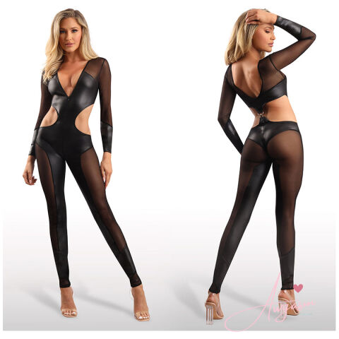 Fantasy Lingerie Edge Long Sleeve Mesh and Wetlook Cutout Catsuit-Black S/M