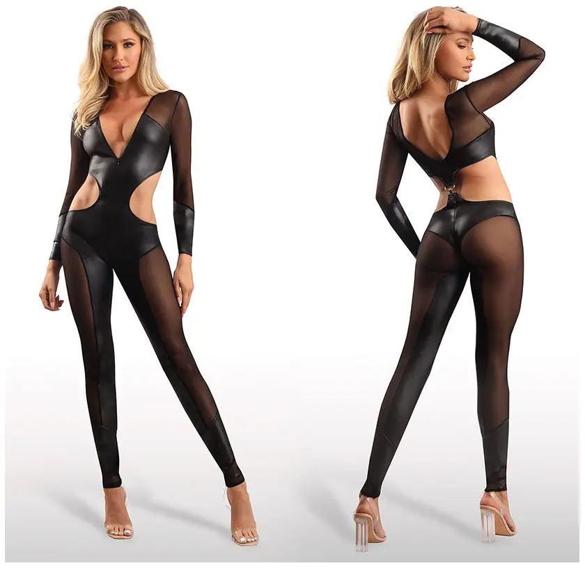 Fantasy Lingerie Edge Long Sleeve Mesh and Wetlook Cutout Catsuit-Black S/M