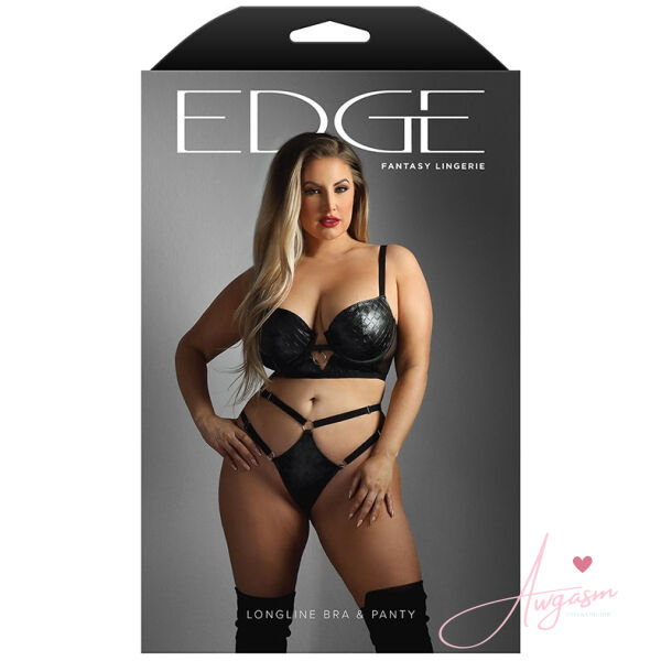 Fantasy Lingerie Edge Quilted Wetlook and Mesh Bra & Strappy Panty Set-Black QUEEN - Image 4