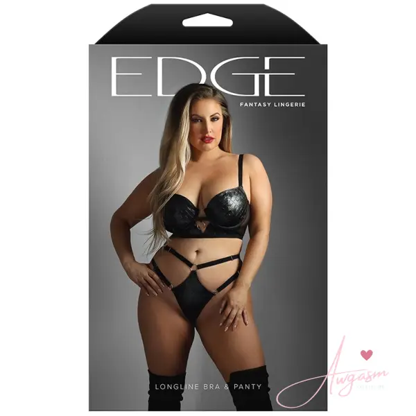 Fantasy Lingerie Edge Quilted Wetlook and Mesh Bra & Strappy Panty Set-Black QUEEN - Image 4