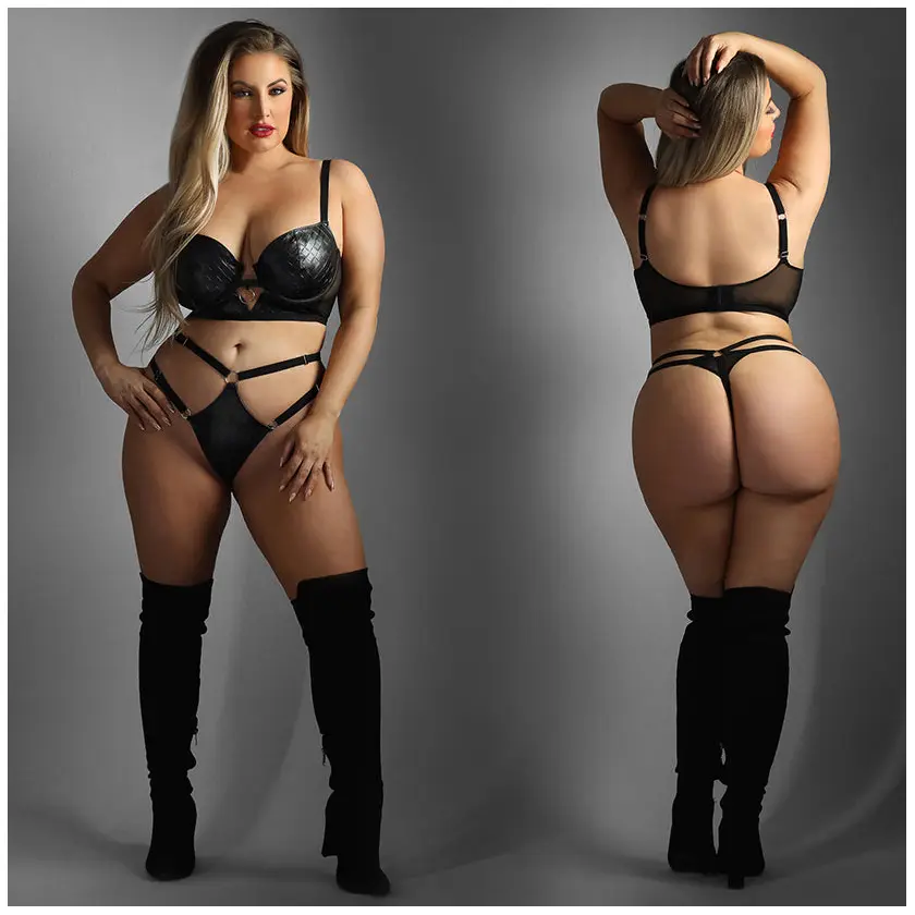 Fantasy Lingerie Edge Quilted Wetlook and Mesh Bra & Strappy Panty Set-Black QUEEN