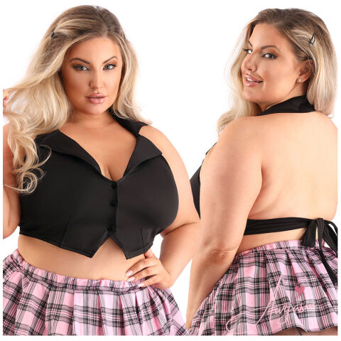 Fantasy Lingerie Play Schoolgirl Collared Halter Top-Black QUEEN