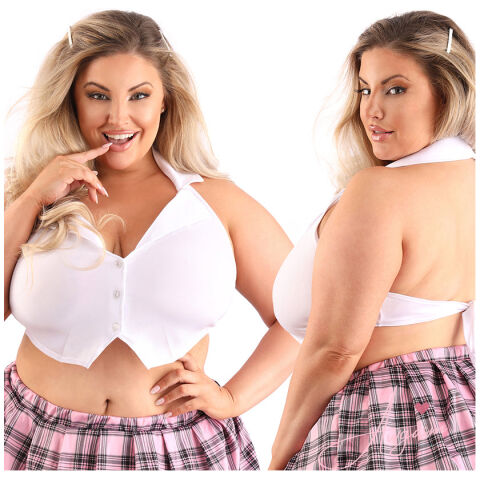 Fantasy Lingerie Play Schoolgirl Collared Halter Top-White QUEEN