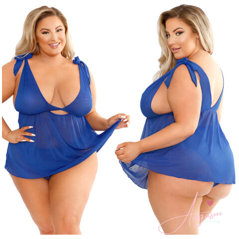 Fantasy Lingerie Play Zara Shoulder Tie Babydoll Set-Blue 1x/2x