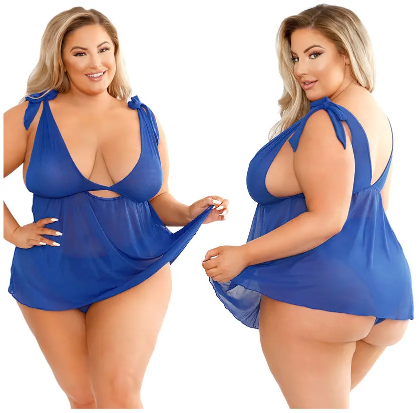 Fantasy Lingerie Play Zara Shoulder Tie Babydoll Set-Blue 1x/2x