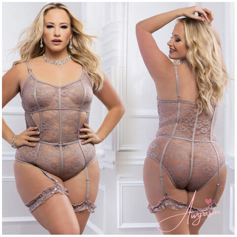 G World 2pc Slip in Sheer Teddy With Snap Crotch-Grey QUEEN