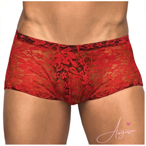 Male Power Stretch Lace Mini Short-Red Medium-Boxed