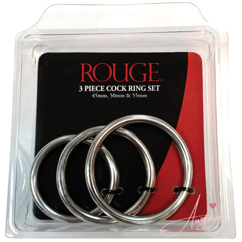 Rouge Group Stainless Steel 3 Piece Cock Ring Set (45/50/55mm) In Clamshell