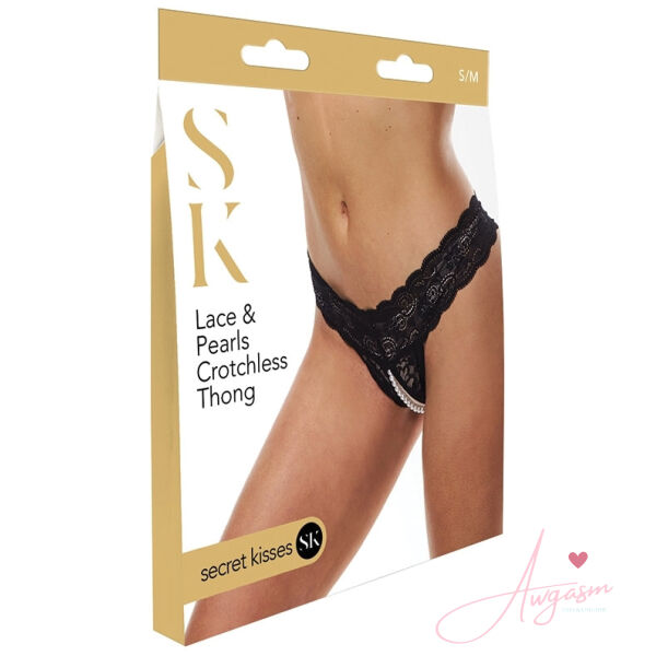 Secret Kisses Lace and Pearls Crotchless Thong-Black SM-Boxed - Image 2