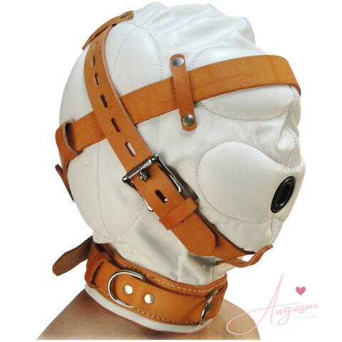 Total Sensory Deprivation White Leather Hood - MediumLarge