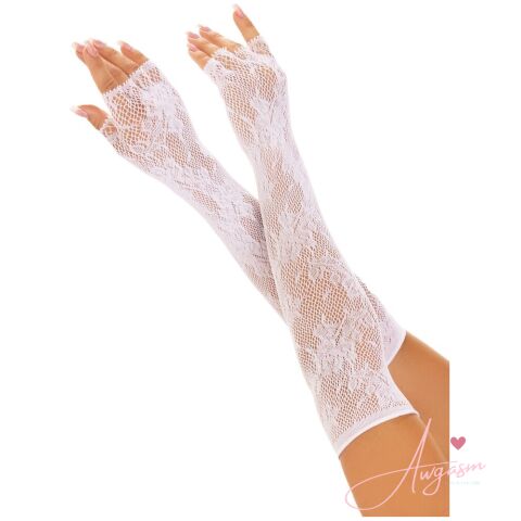 Leg Ave Floral Net Fingerless Gloves White