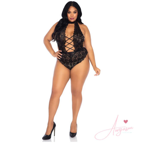 Leg Avenue Floral Lace Crotchless Teddy Black UK 14 to 18