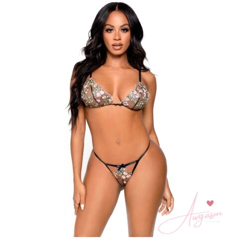 Leg Avenue Floral Sheer Bra and GString Black