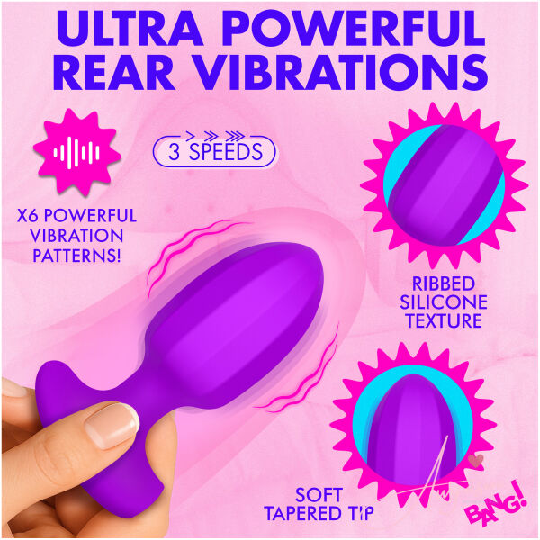 Ribbed Vibrating Silicone Butt Plug - Purple - Image 3