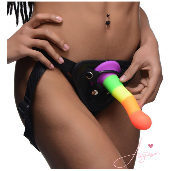 XR Proud Rainbow Silicone Dildo with Harness - Image 4